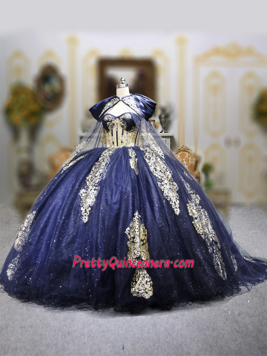 Sparkly Navy Gold Glitter Appliques Long Train Quinceanera Dress with Cape