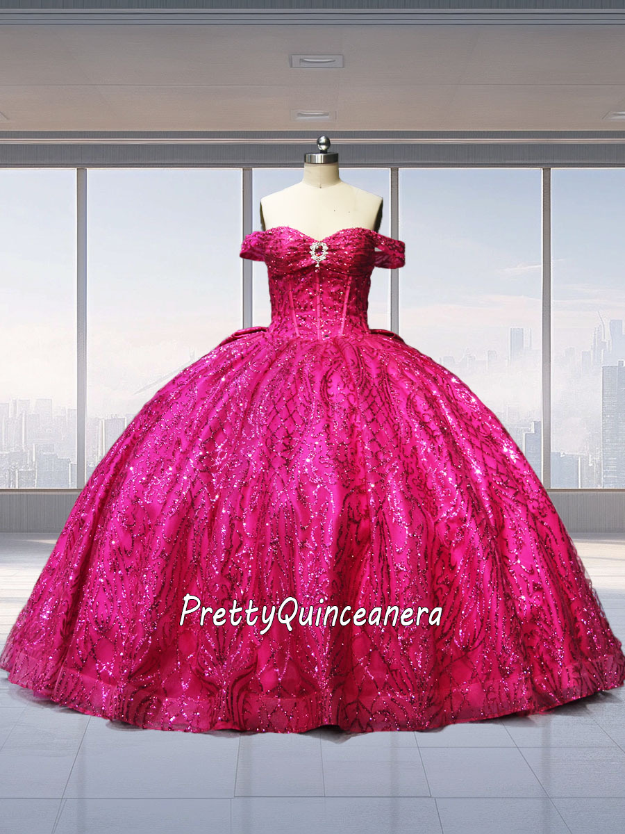 Berry Color Illusion Corset Off Shoulder Glitter Tulle Quinceanera Dress Bow Back