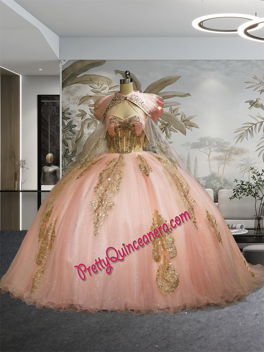 Princess Blush Pink Illusion Corset Off Shoulder Glitter Tulle 15 Quinceanera Dress with Cape