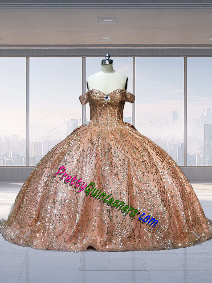 Shimmering Jewel Beaded Glitter Tulle Quinceanera Dress Detachable Back Bow in Rose Gold