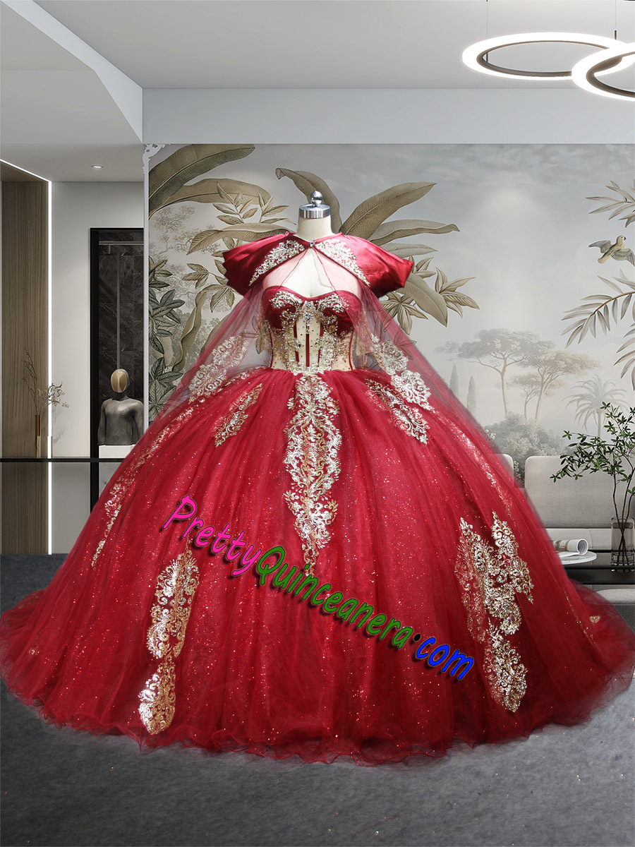 Shining Wine Colored Gold Glittter Fabric Big Train Quince Gown with Long Cape