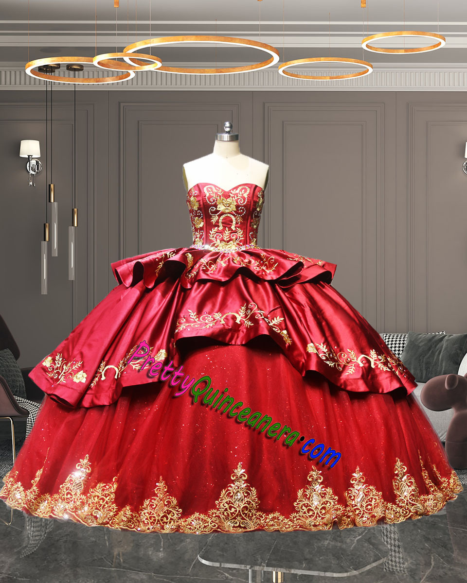 Wholesale Mexican Charro Wine Red Gold Emboridery Horseshoe Quinceanera Dress
