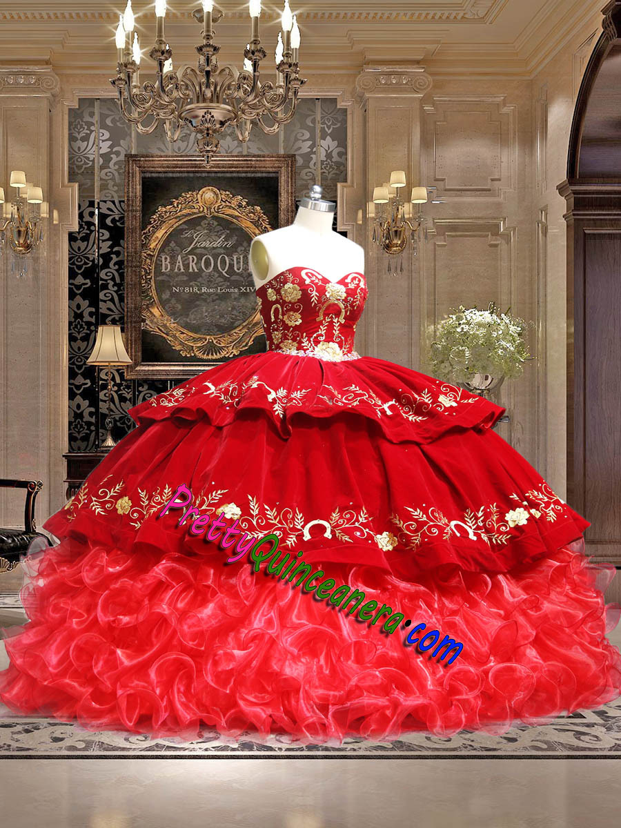 Wholesale Red Velvet and Organza Ruffles Charro Quinceanera Dress with Gold Embroidery