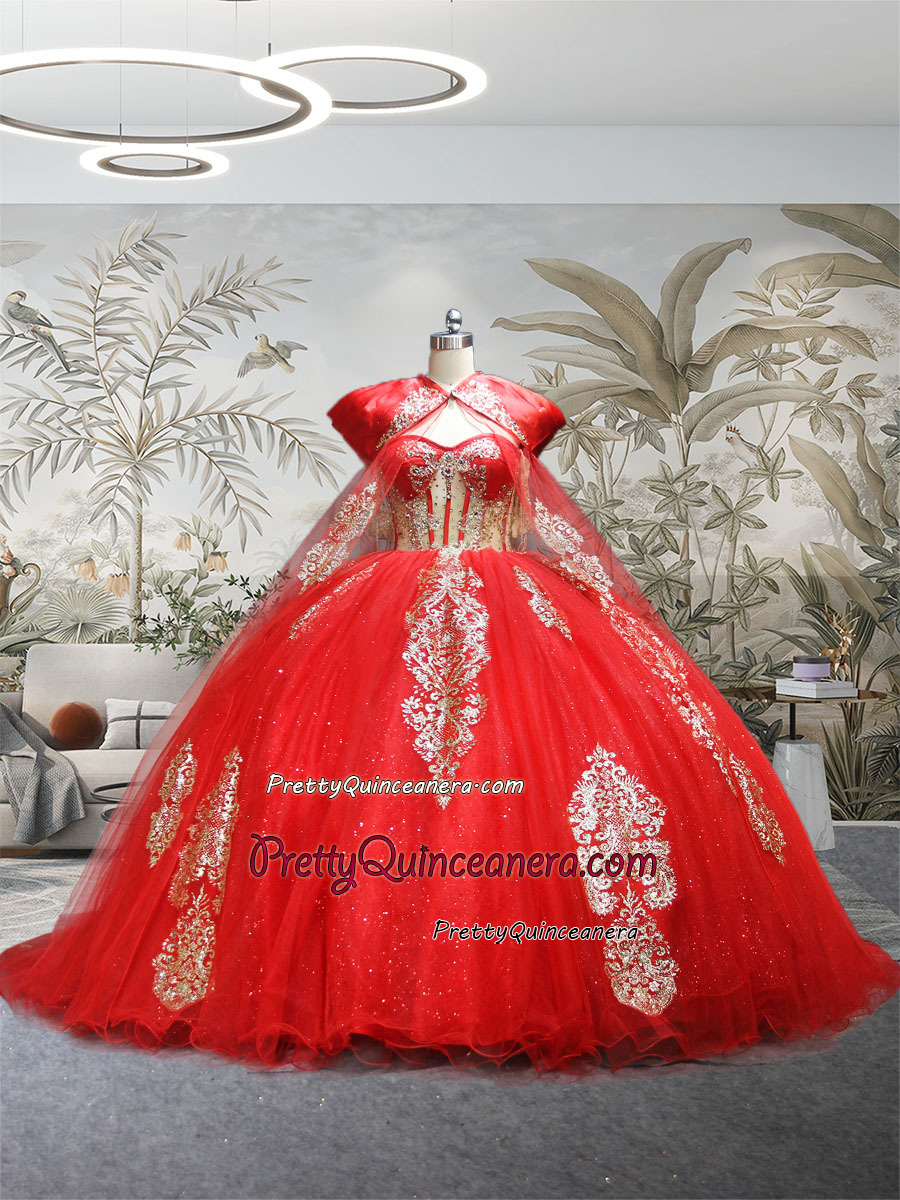 Wholesale Red and Gold Sheer Corset Off Shoulder Quinceanera Dress with Cape