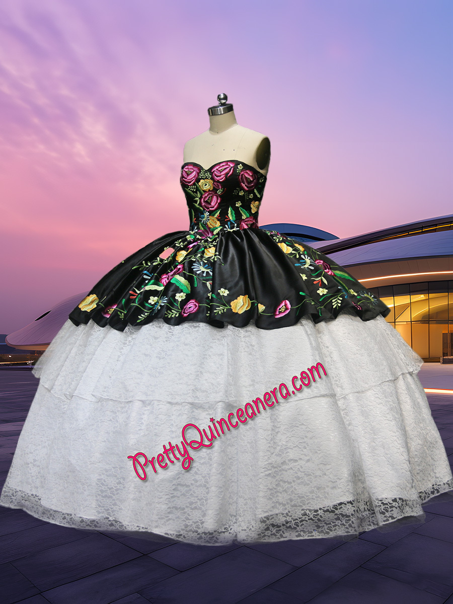 Charro Style Sweetheart Multi color Embroidery Black and White Quinceanera Dress without Train