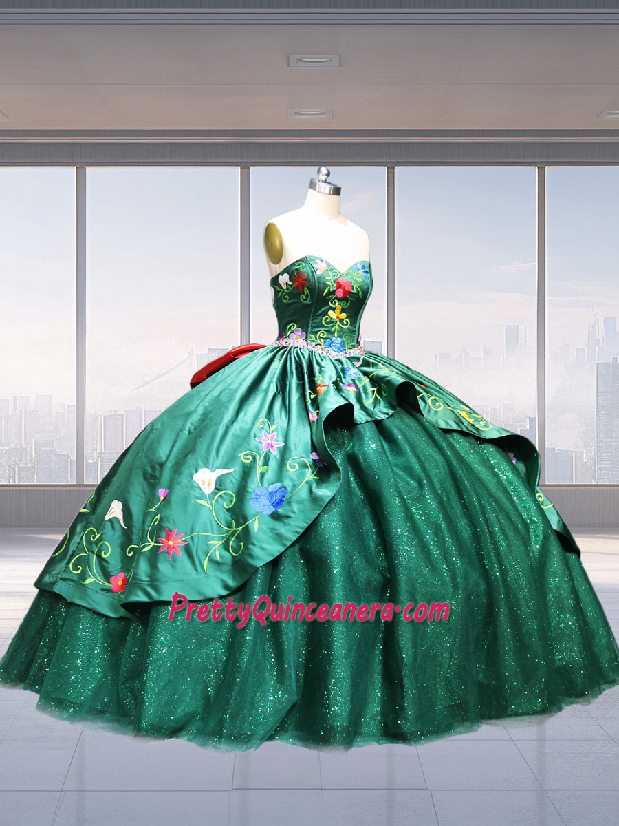 Emerald Green Horsehair Hem Colorful Embroidery Charro Quinceanera Dress with Bow Back