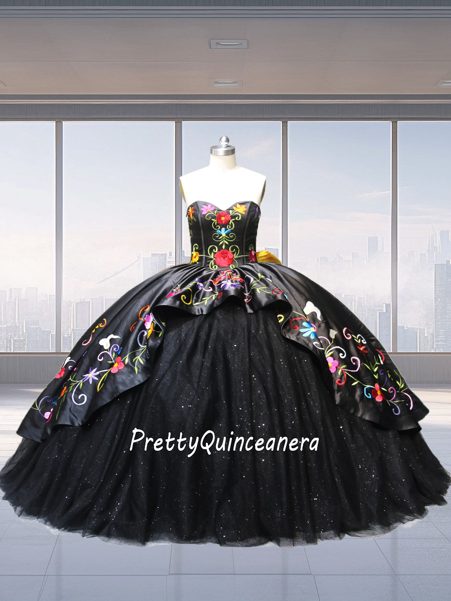 Floral Embroidered Black Horsehair Hem Charro Quinceanera Dress Yellow Bow Back