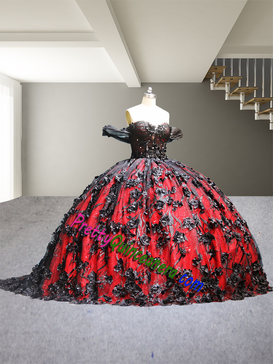 Black Floral Lace Outside Red Inside 2-Tone Quinceanera Dress with Train