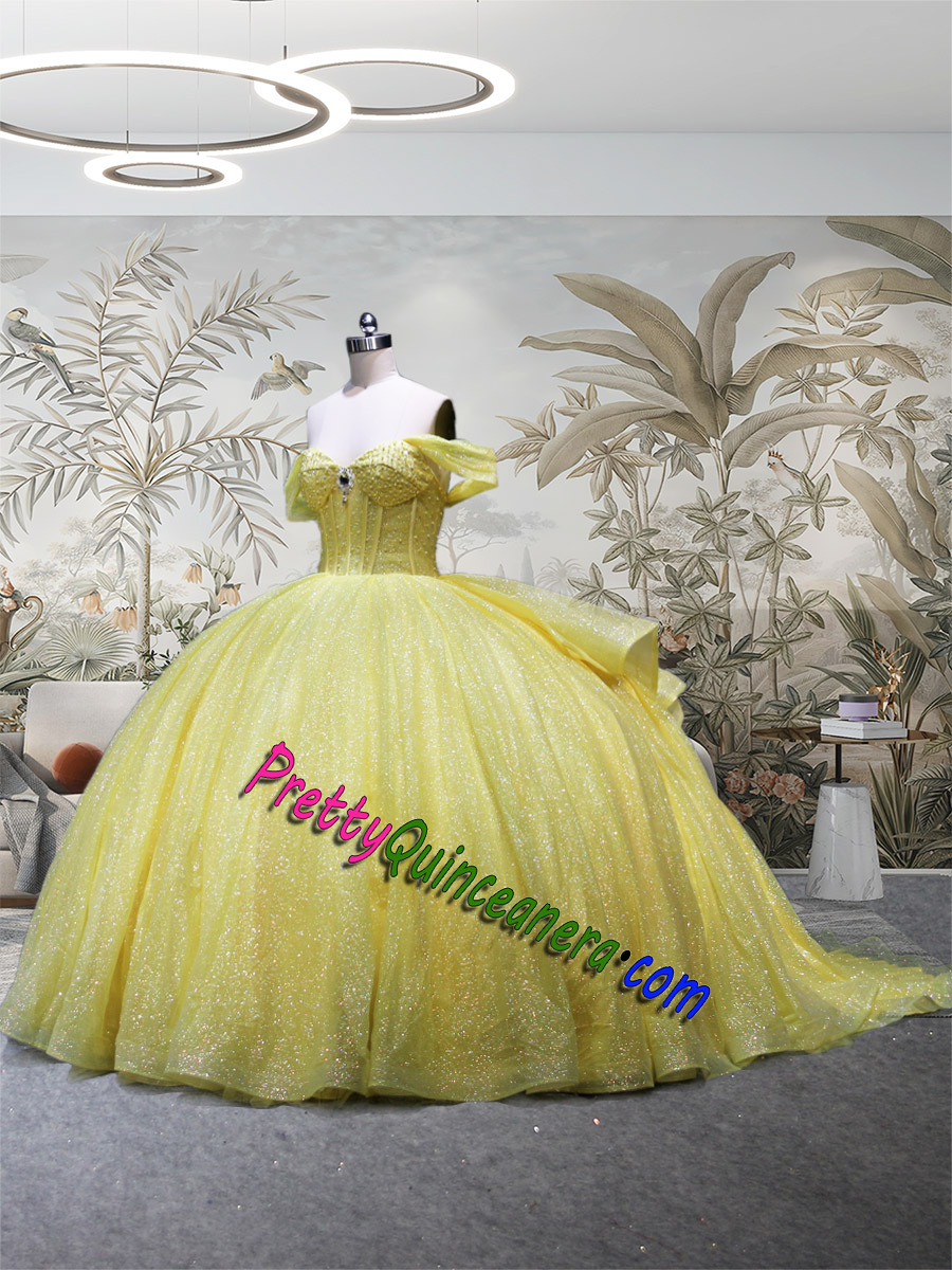 Glitter Tulle Light Yellow Illusion Sheer Corset Off Shoulder Quinceanera Dress with Train