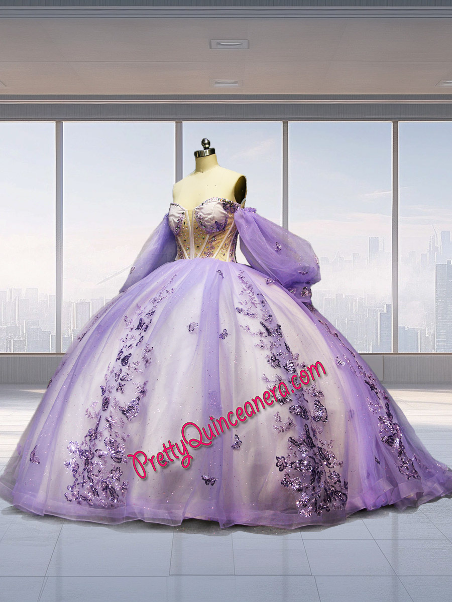 Cheap Removable Long Sleeves See Through Bodice Butterfly Quinceanera Dress