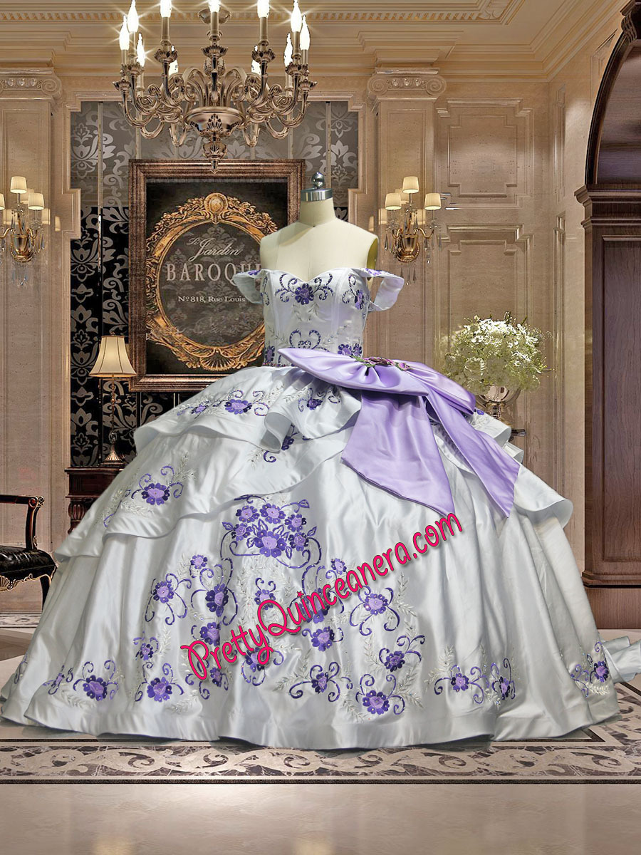 Custom Design White Charro Quinceanera Dress Floral Embroidery Long Train with Bow Back