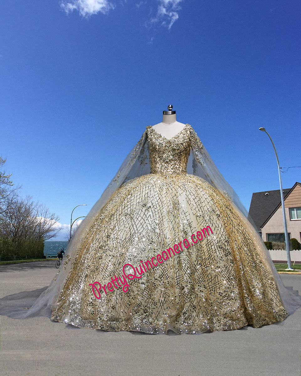 Detachable Shoulder Cape Sequin V-neck Quinceanera Gown with Horsehair Hem and Sweep train