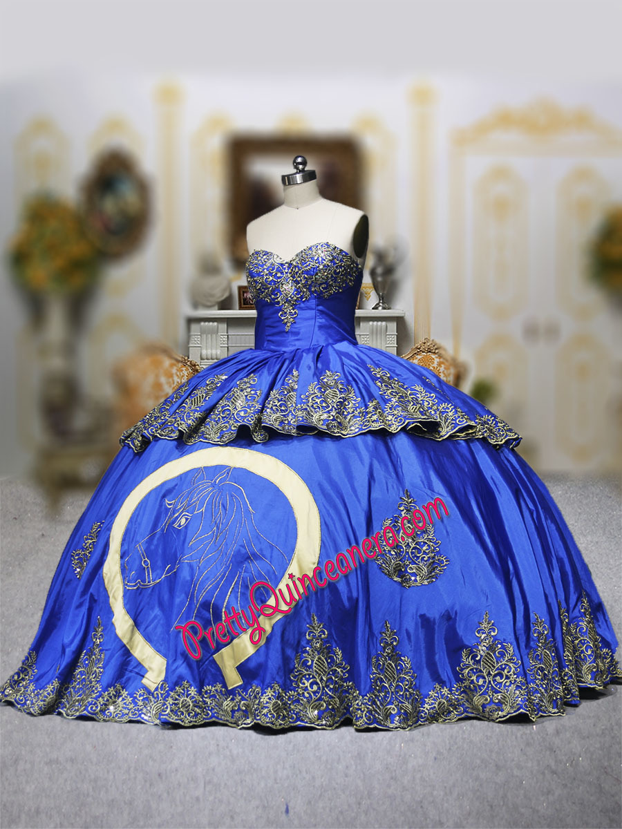 Royal Gold Charro Horseshoe and Horse Head Metallic Embroidered Quinceanera Dress Custom Design