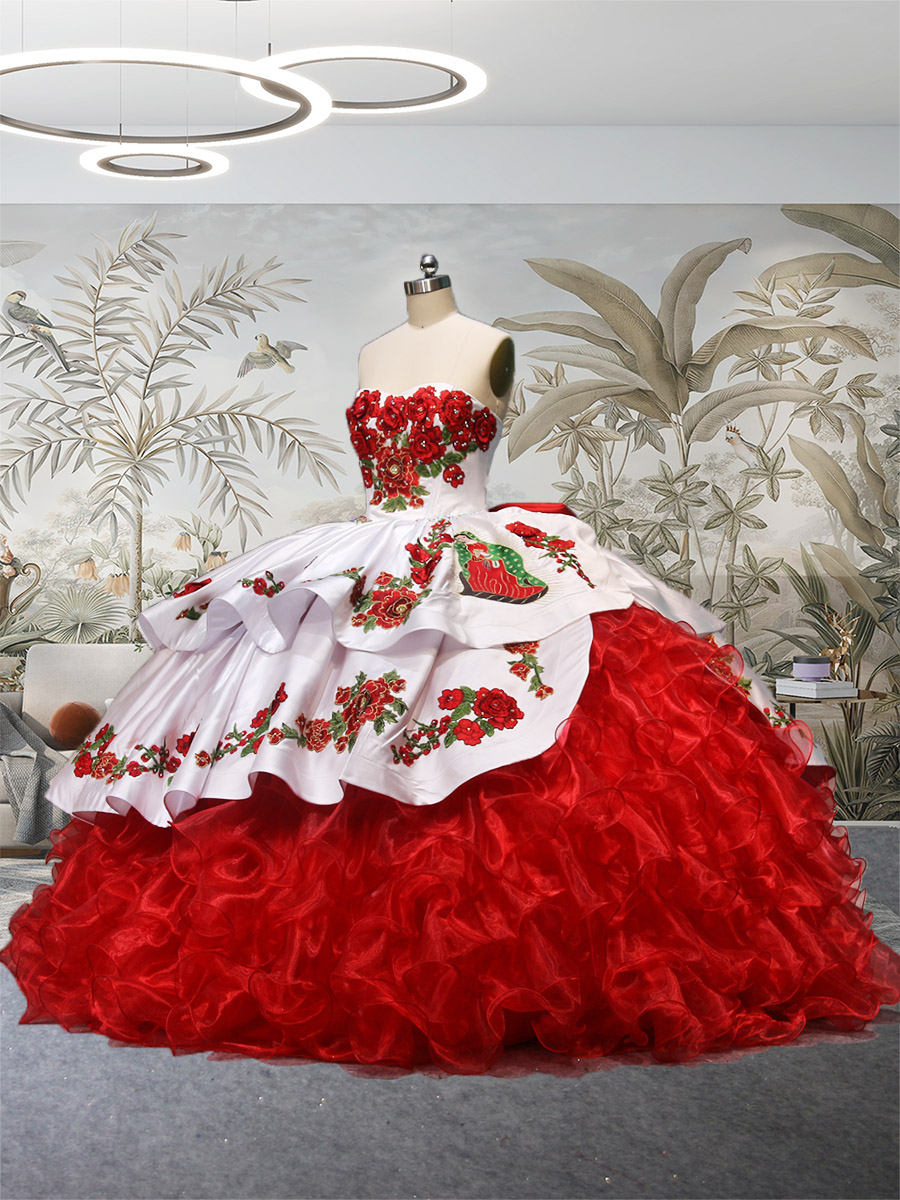 Charro Theme White Red 3D Flowers Virgen De Guadalupe Quince Dress with Bow Back and Ruffles