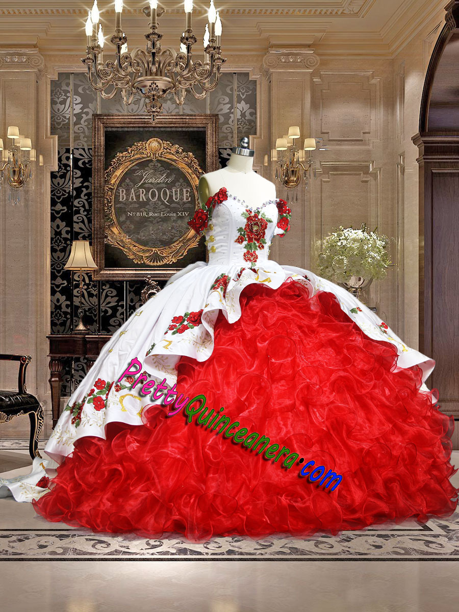 Red White Ruffles Charro 3D Floral Off Shoulder Bow Back Quinceanera Dress with Train