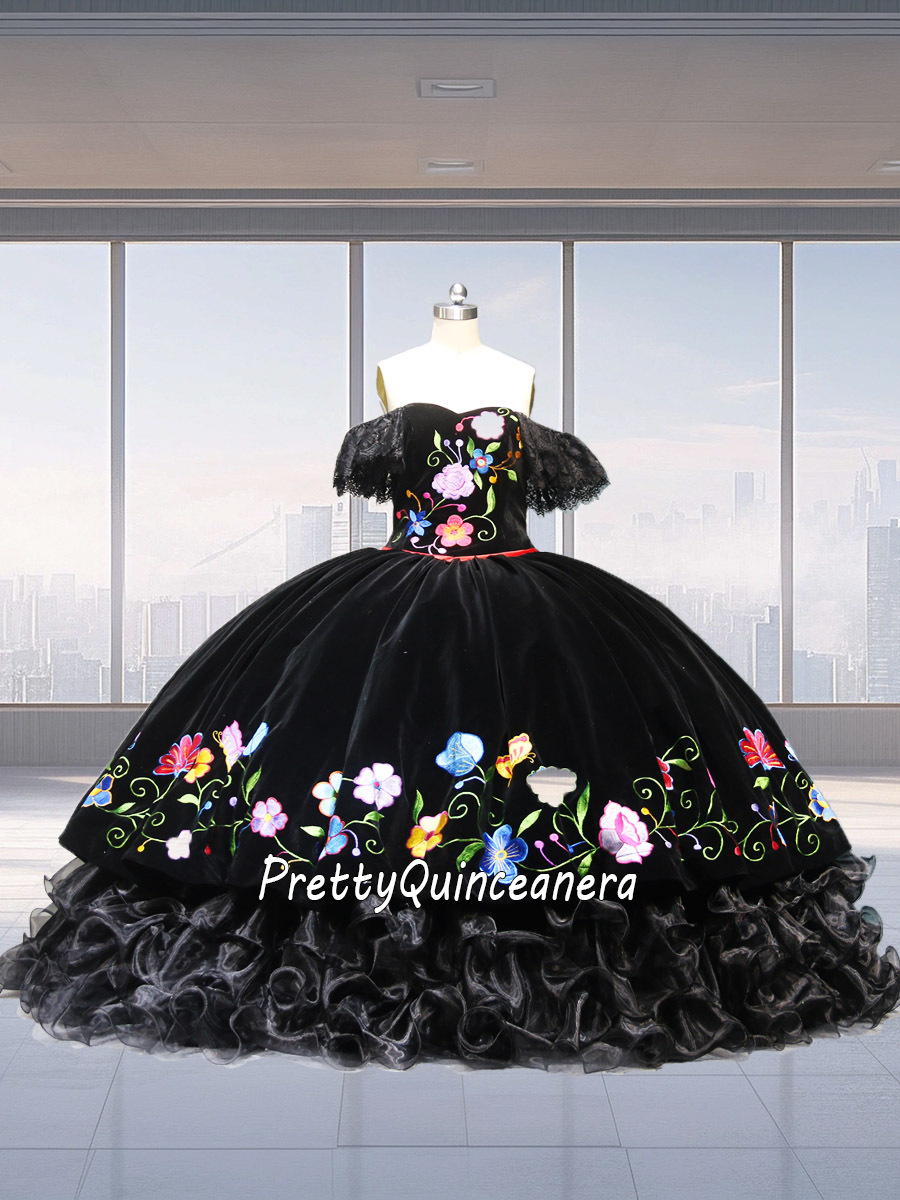 Black Velvet Lace Cap Sleeve Multi-color Floral Embroidery Quinceanera Dress with Ruffled Train
