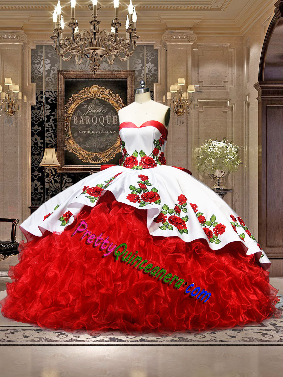 Custom Tailor White Red Organza Ruffles 3D Floral Charro Quinceanera Dress with Bow Back