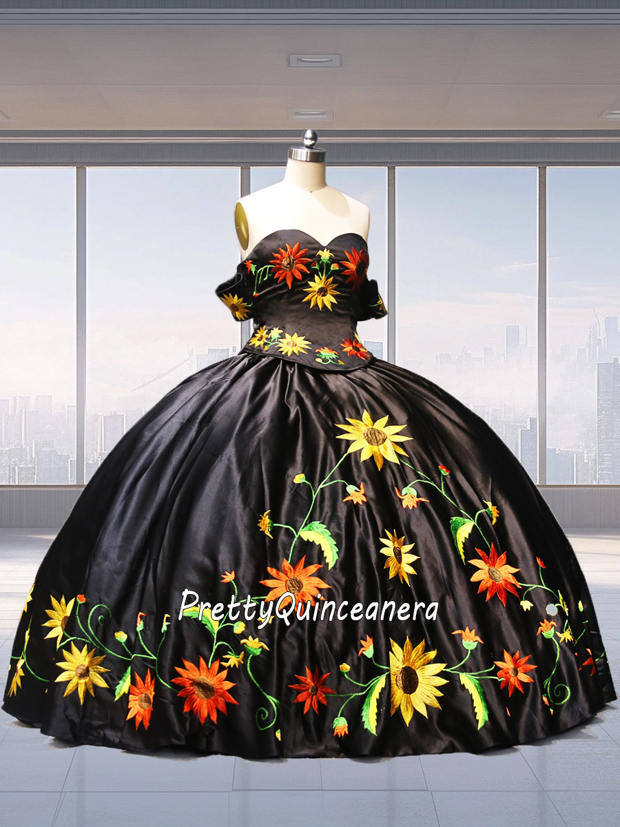 Customiz Charro Black Detachable 2-Pieces Sunflower Embroidery Quinceanera Dress without Train
