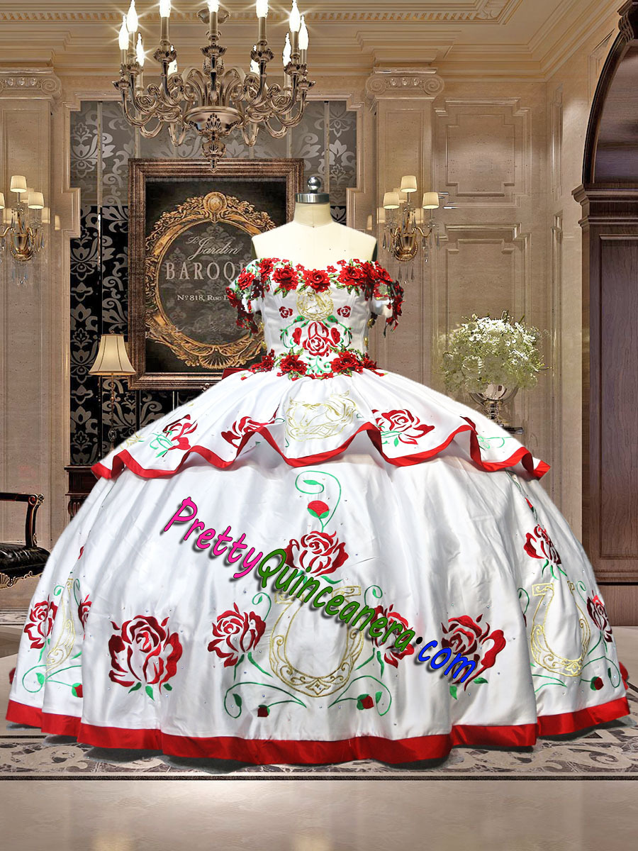 Mexican Rose Floral Embroidery 3D Flowers Bow Back Charro Quinceanera Dress with Train