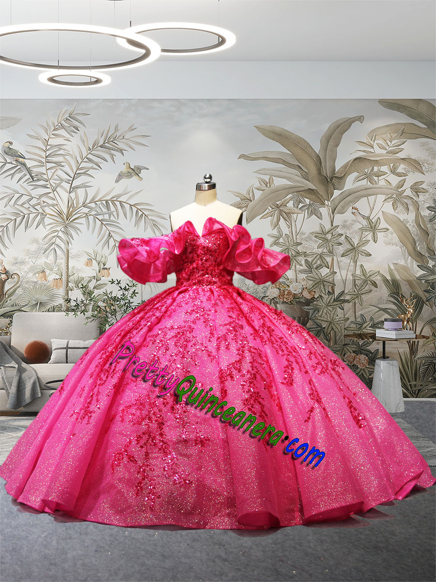 Sparkle Glitter Tulle Ruffled Sleeves Hot Pink Mexican Quinceanera Gown Off Shoulder with Sequin Appliques