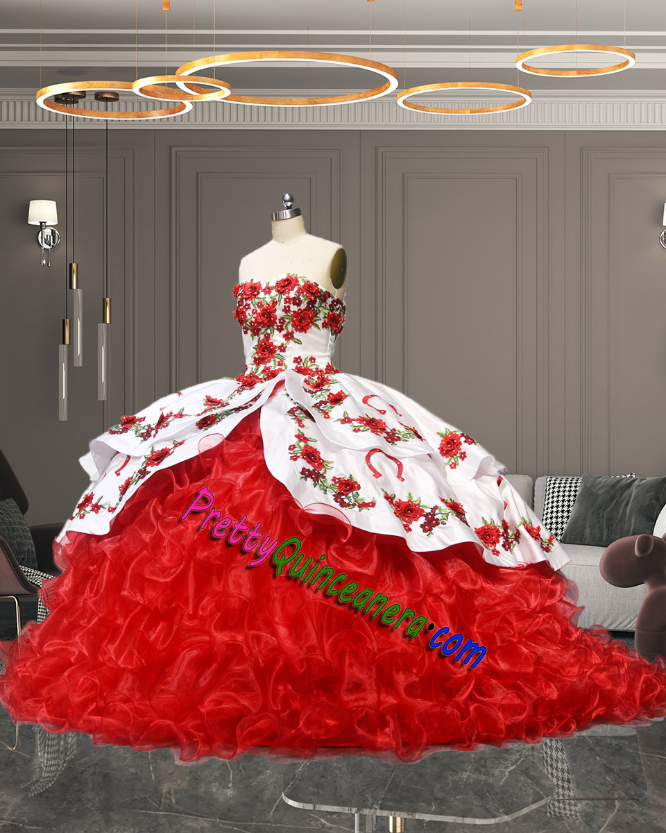 Wholesale 3D Floral White and Red Ruffles Horseshoe Charro Quinceanera Dress with Short Train