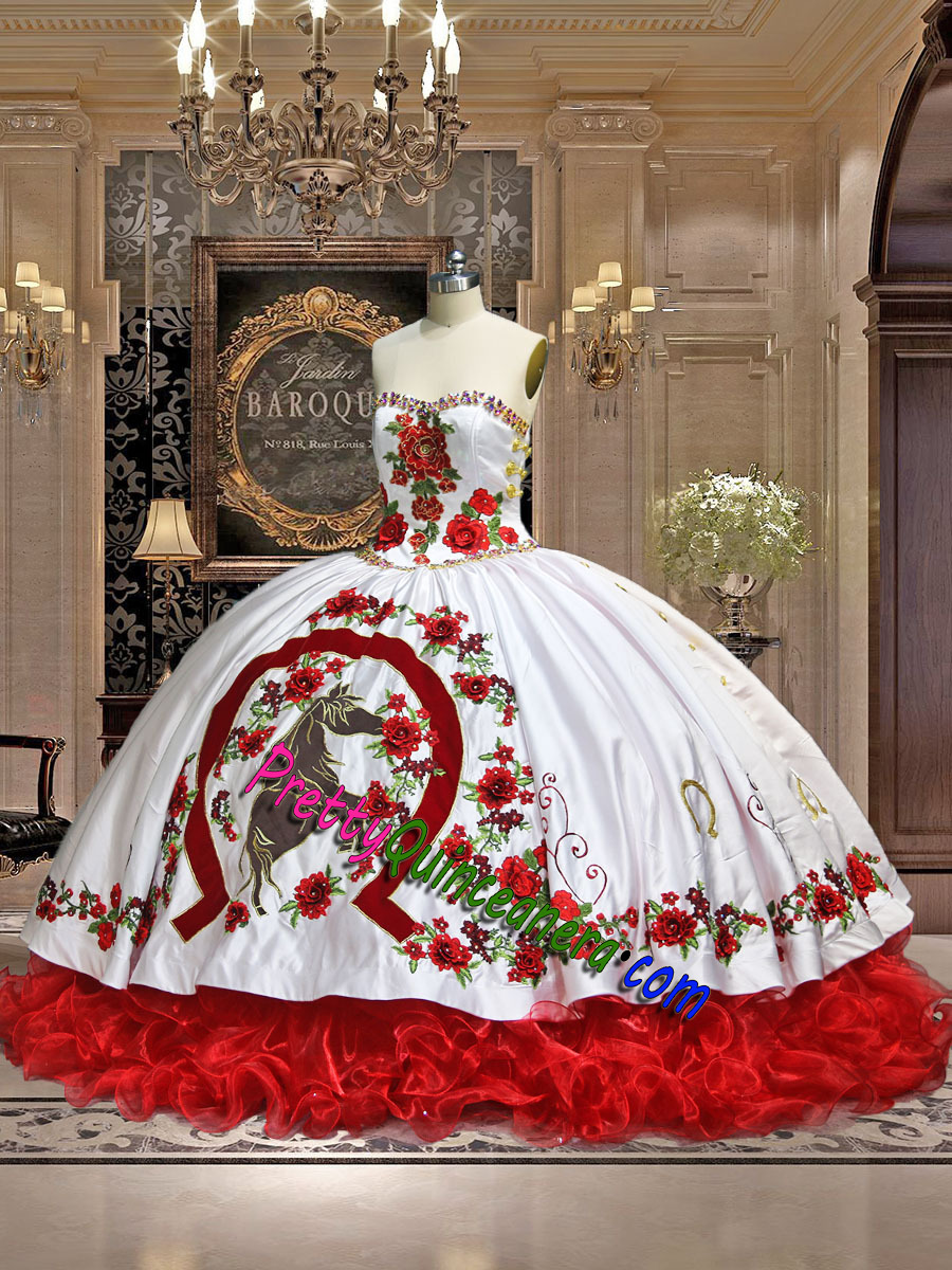 Big Horseshoe Embroidery Charro Vestidos De 15 Anos 3D Rose Flowers Western Cowgirl Quince Dress