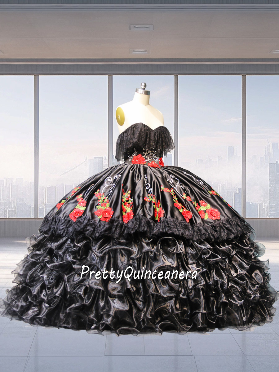 Black Organza Ruffles Virgin Mary Embroidered Charro Quinceanera Gown Lace Sleeves
