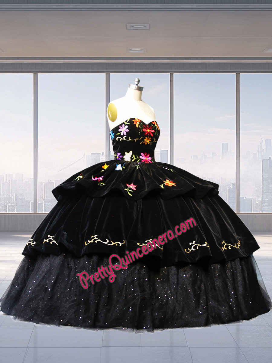 Charro Themed Mexican Style Black Velvet Floral Embroidery Quince Dress Glitter Tull Ball Gown