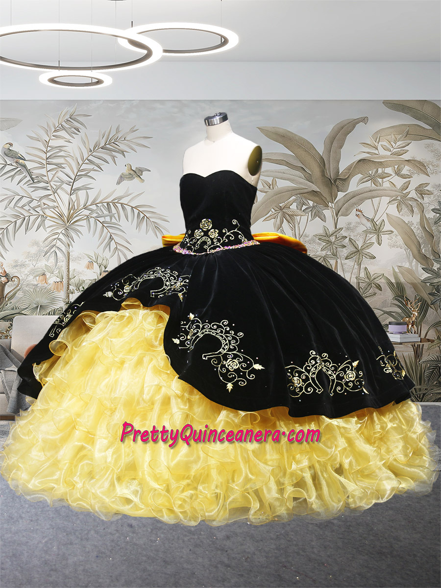 Charro Yellow Gold Ruffles and Black Velet Horseshoe Pattern Embroidery Quinceanera Dress Bow Back