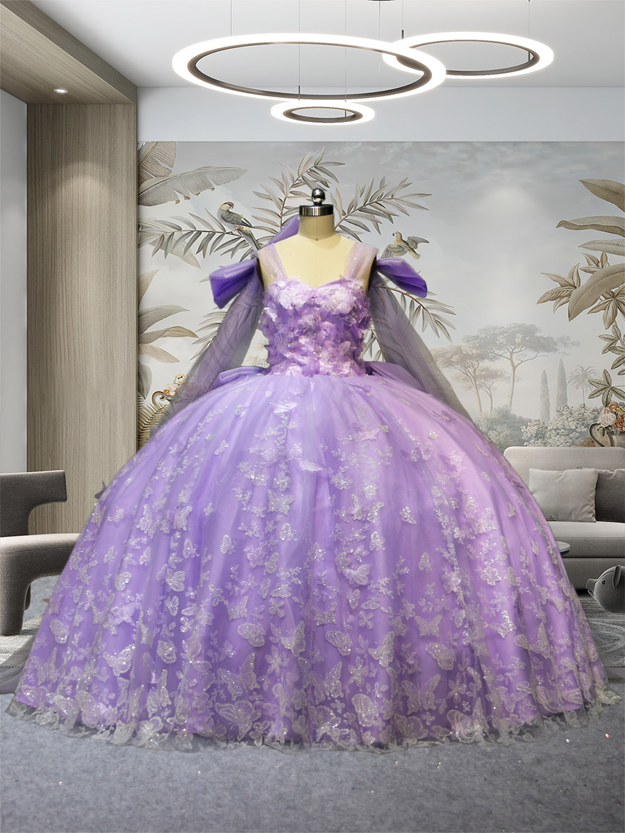 Cheap Lilac Butterfly Ribbon Long Sleeve Ball Gown Glitter Tulle Quinceanera Dress Wholesale