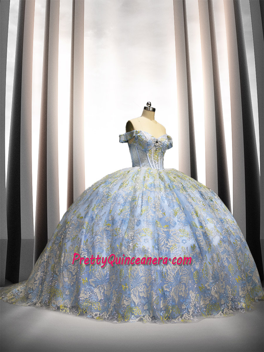 Inexpensive Light Blue Shinning Colorful Lace See through Bodice Quince Dress Long Train