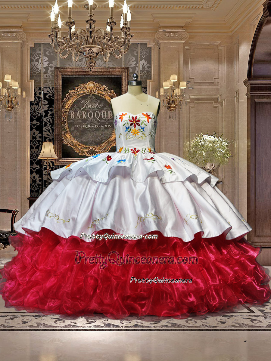 Two Layers Charro White and Hot Pink Ruffles Floral Embroidery Quinceanera Dress Floor Length