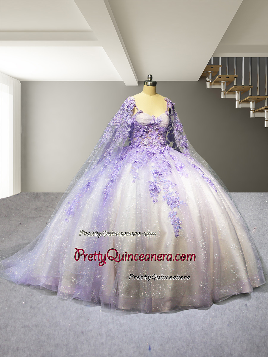 Shimmering Butterfly Floral Appliques Quinceanera Gown with Detachable Long-shoulder Cape