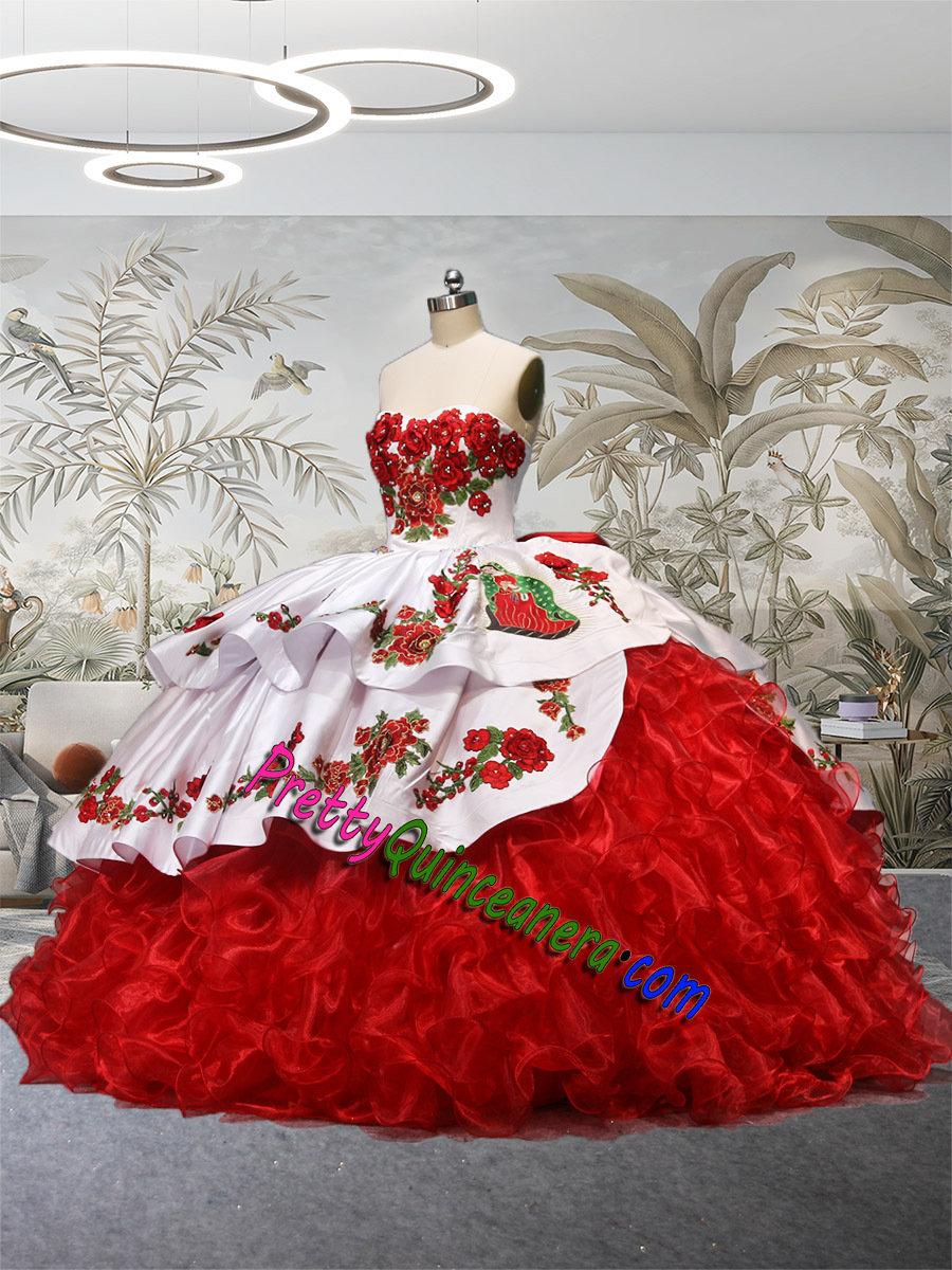 Virgen De Guadalupe Charro Quinceanera Dress 3D Rose Flower Bow Back Western Style Ball Gown