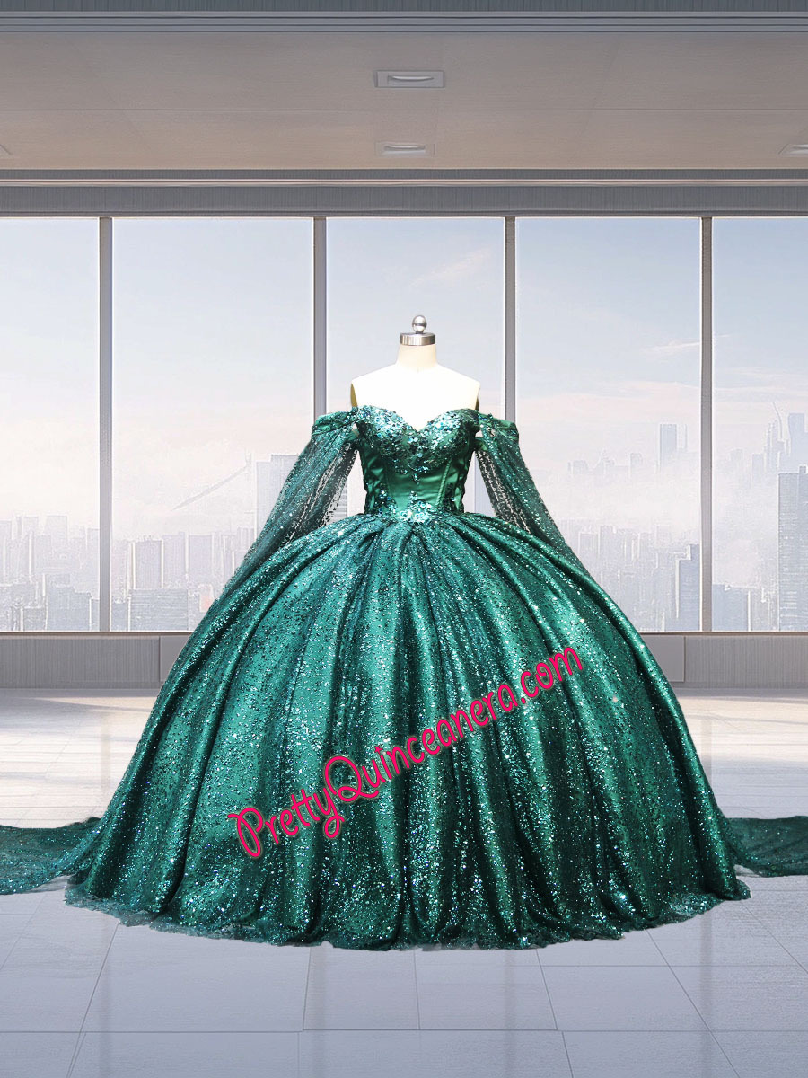 Emerald Green Glitter Tulle Lace Long Cap Sleeve Quinceanera Dress with Train