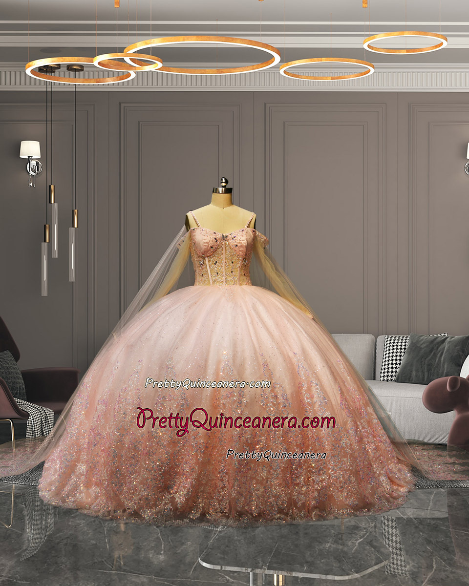 Factory Sale Glitter Tulle Blush Pink Long Cape Illusion Quince Dress Long Sleeve Ball Gown