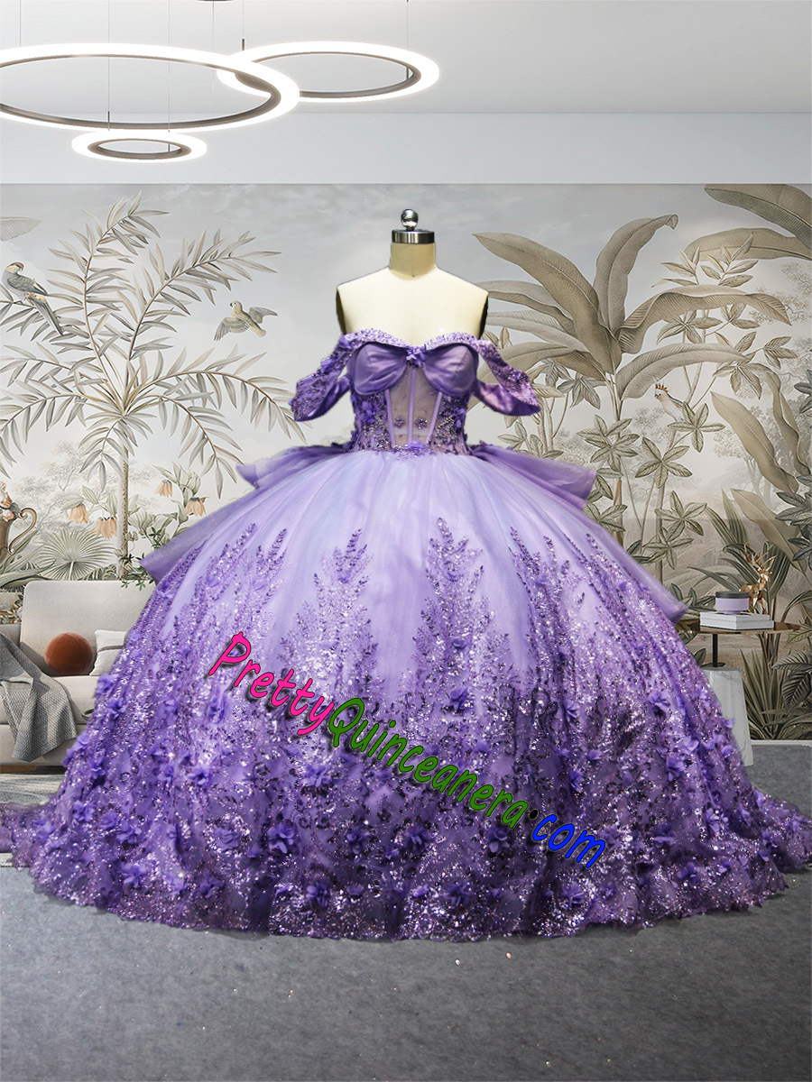 Lilac Turndown Neck Illusion Corset Cap Sleeve Floral Glitter Quinceanera Dress with Train