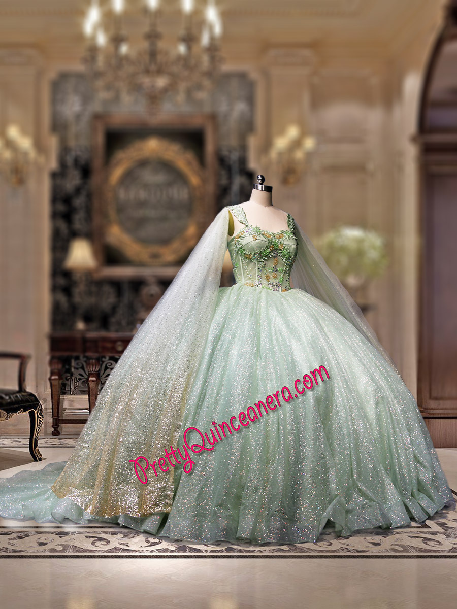 Sage Beaded Off Shoulder Illusion Corset Quinceanera Dress Detachable Long Cape Sleeves