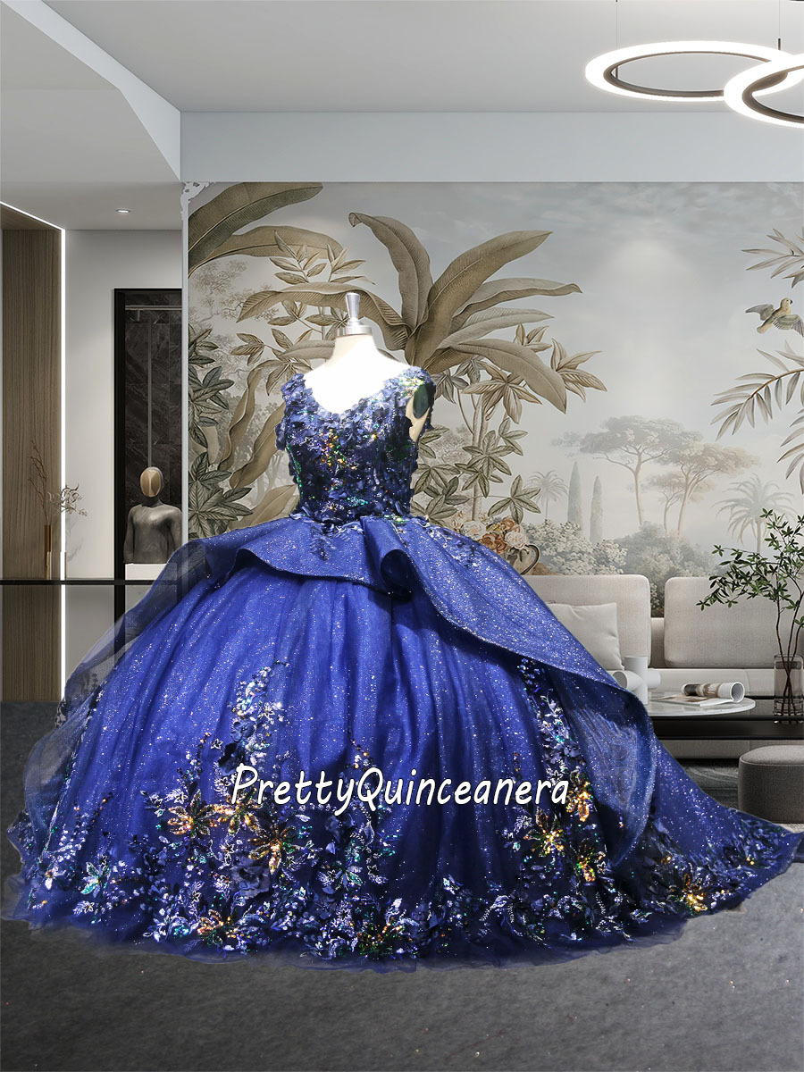 Shunning Navy Blue V Neck Sequined Appliues 3D Floral Quinceanera Dress