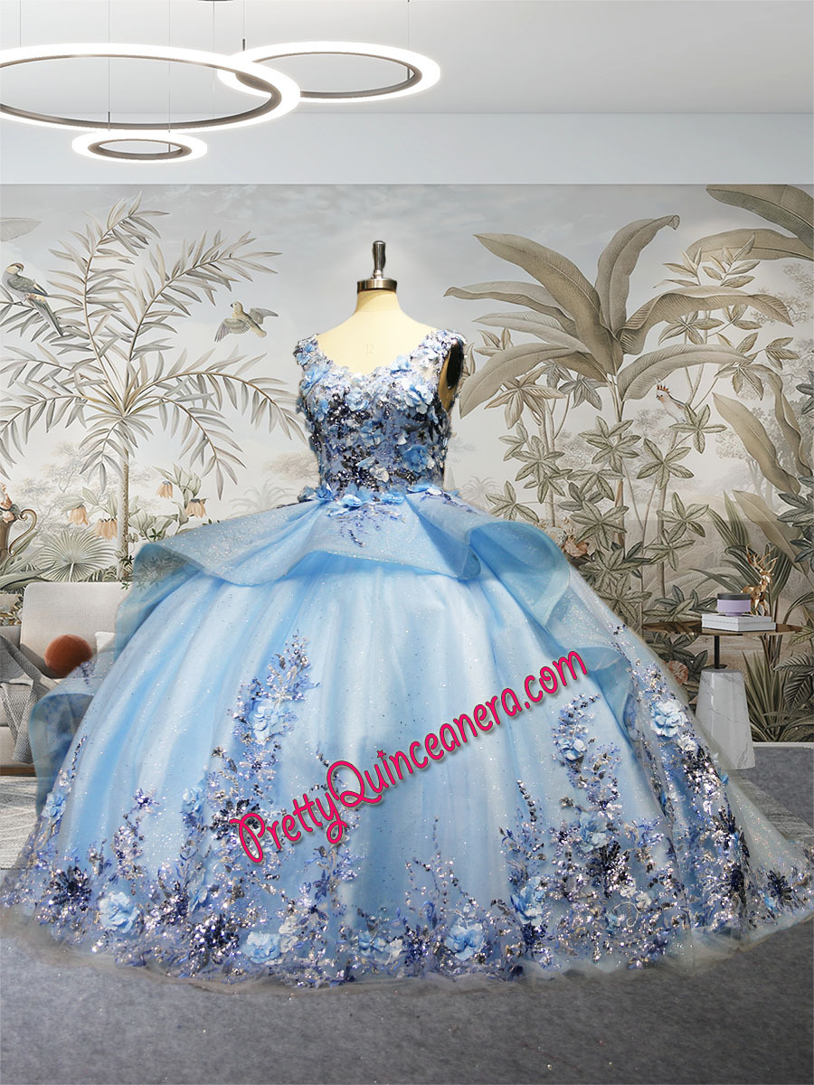 Sparkling Glitter Tulle Light Blue Sequined Appliques Quince Dress V-neckline