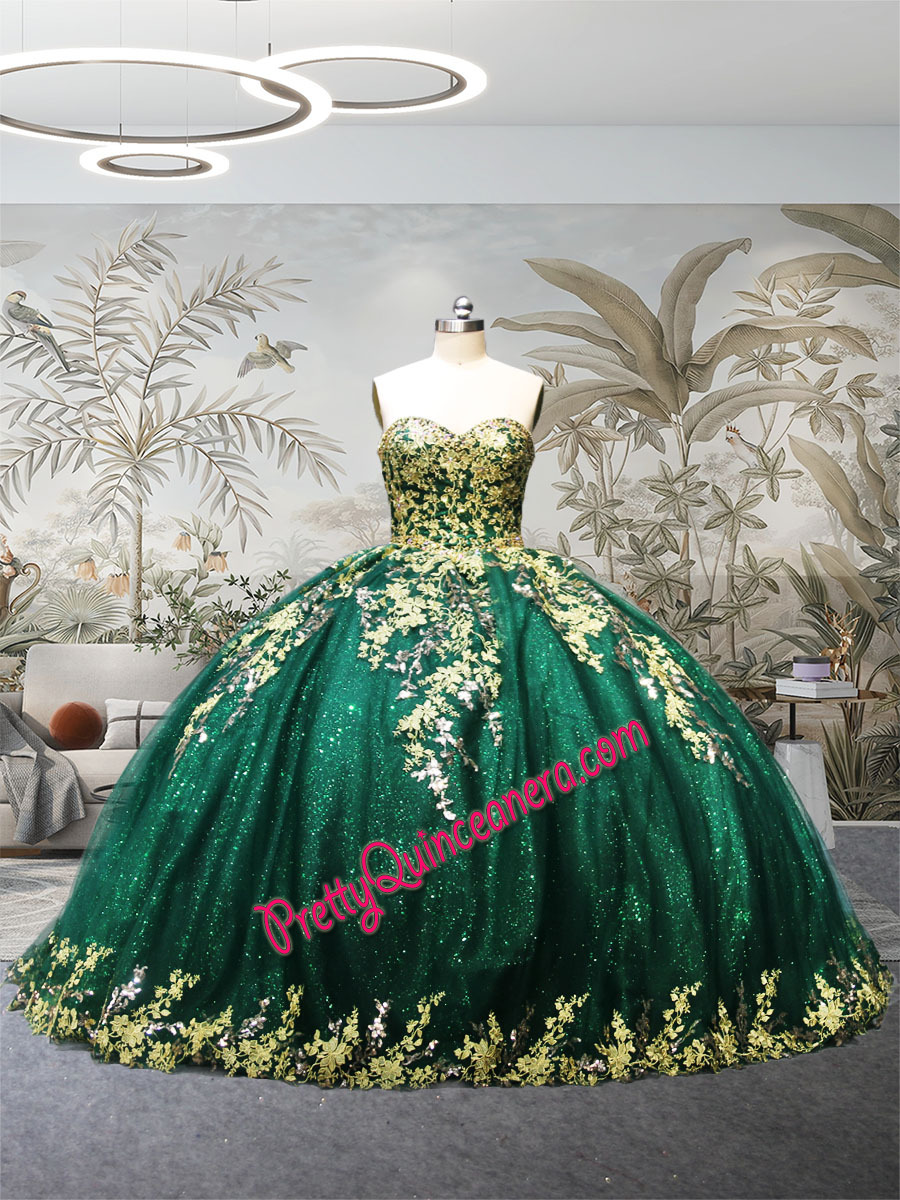 Sweetheart Emerald Glitter Tulle Gold Sequins 3-Layers Chapel Train Quinceanera Dress Custom Color