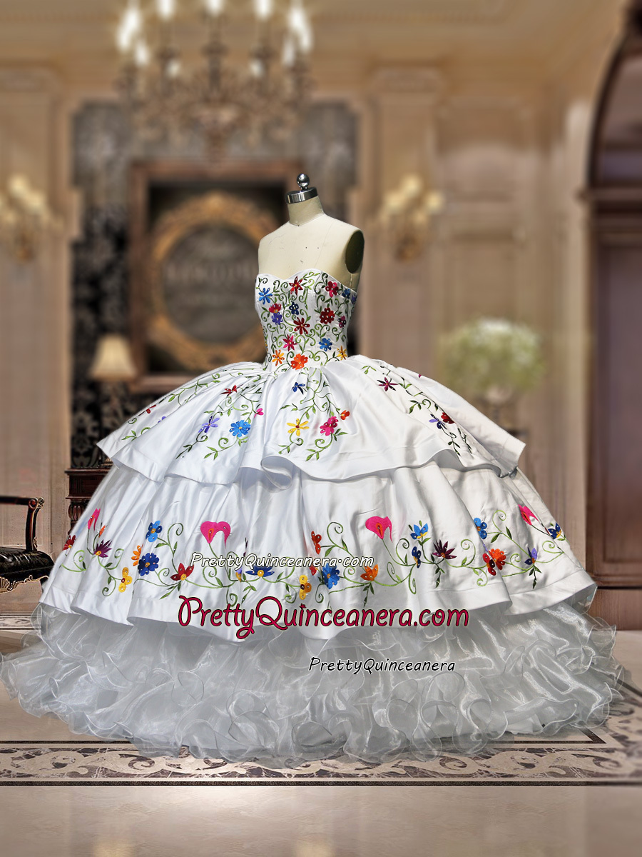 White Two Layers Multi-color Floral Emebroidery Ruffles Charro Quinceanera Dress without Train