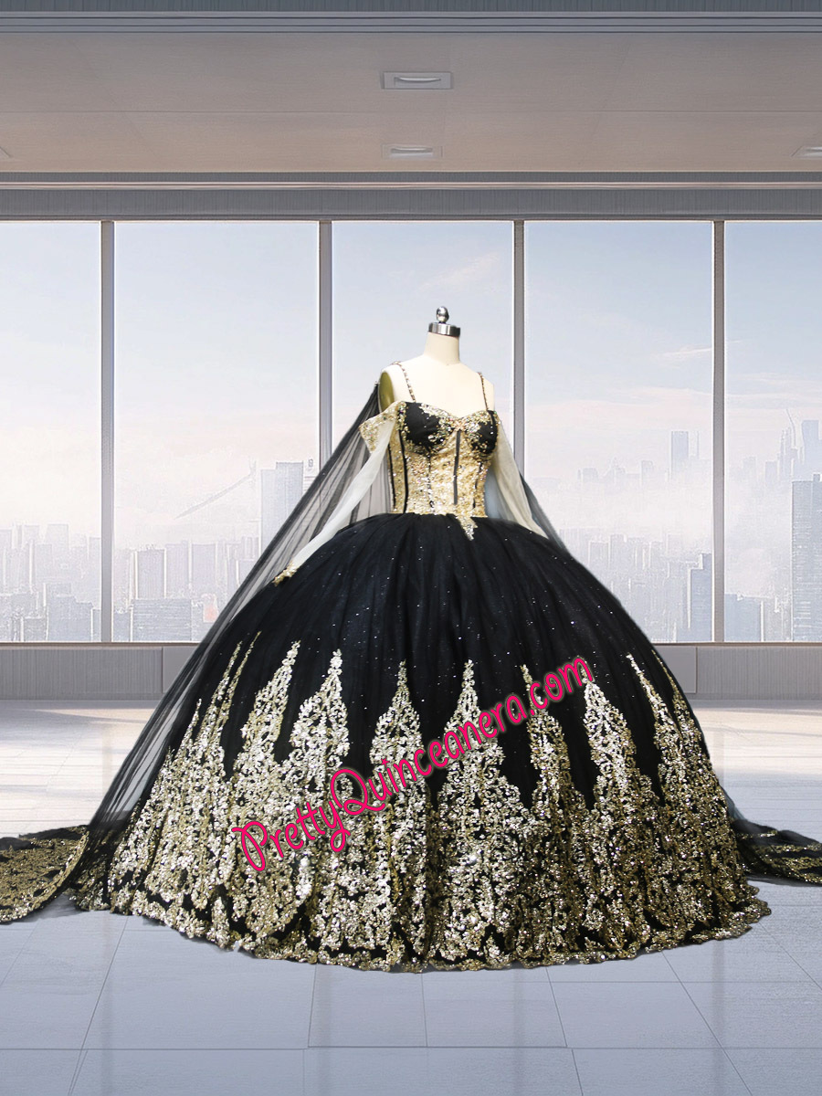 Wholesale Black Sheer Corset Straps Long Sleeves Quinceanera Dress with Cape