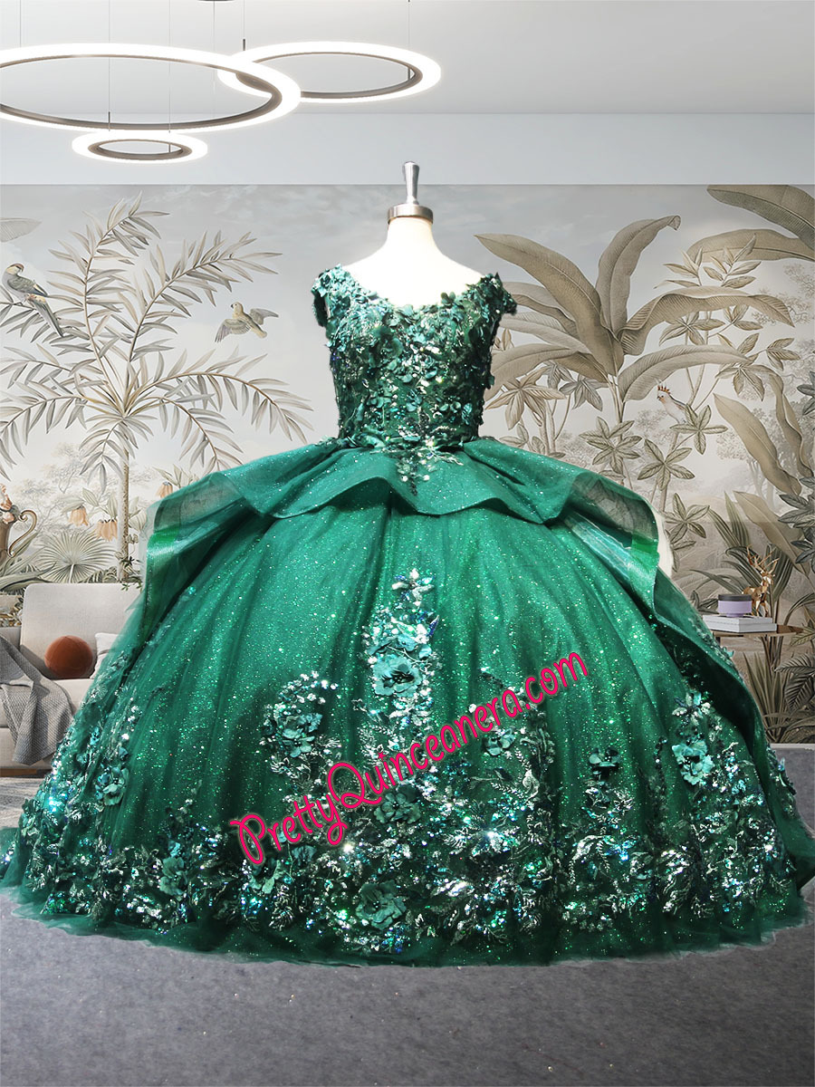 Wholesale Emerald Green Glitter Sequined Appliques V-neck Quinceanera Dress with Long Train