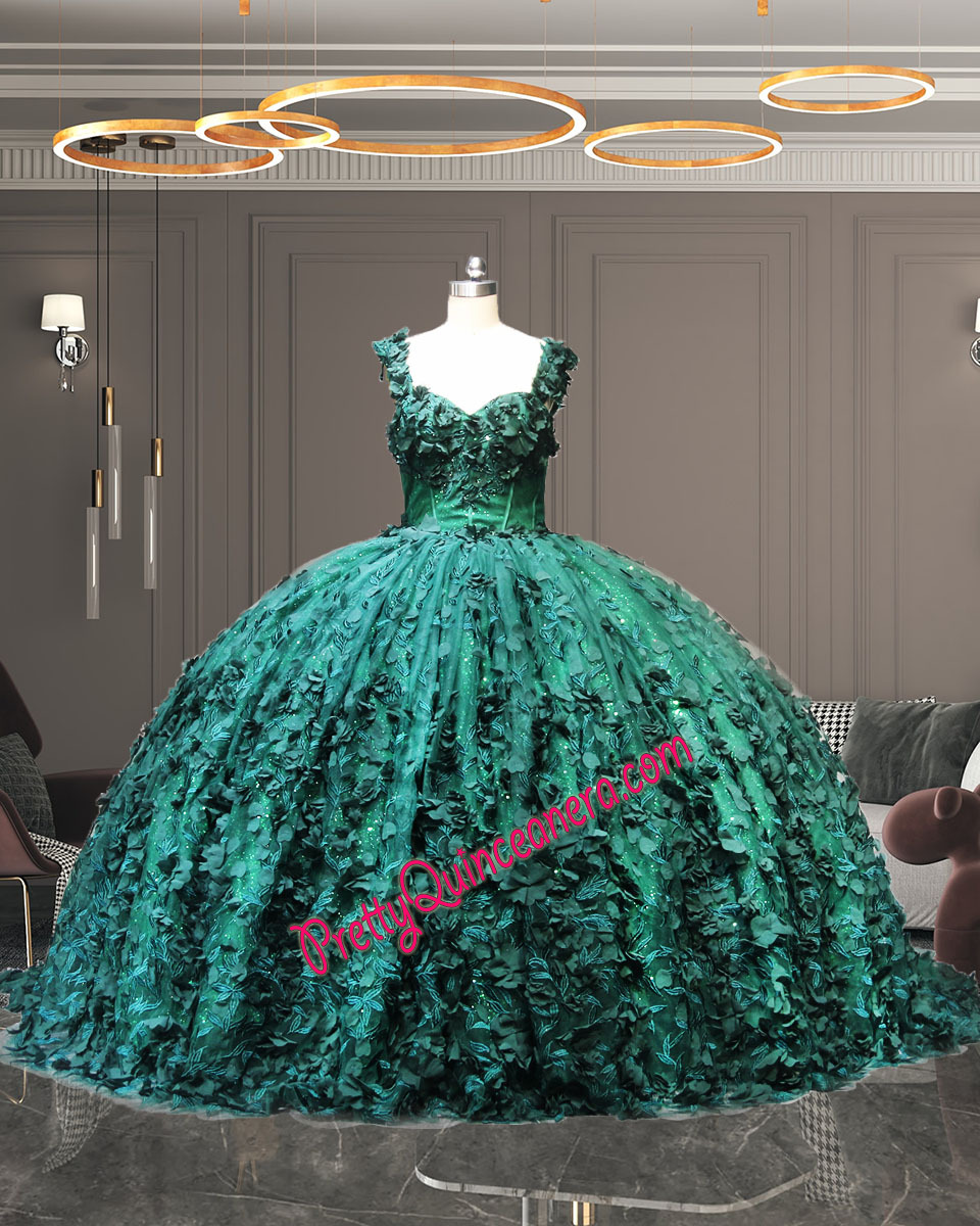 Emerald Green 3D Flower Straps Glitter Tulle Lace Quinceanera Dress with a Train