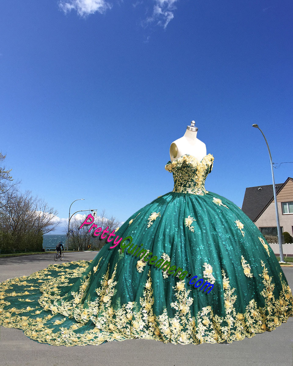 Sparkling Emerald Gold Floral Patterned Three-Dimensional Quinceañera Dress Detachable Cathedral Train