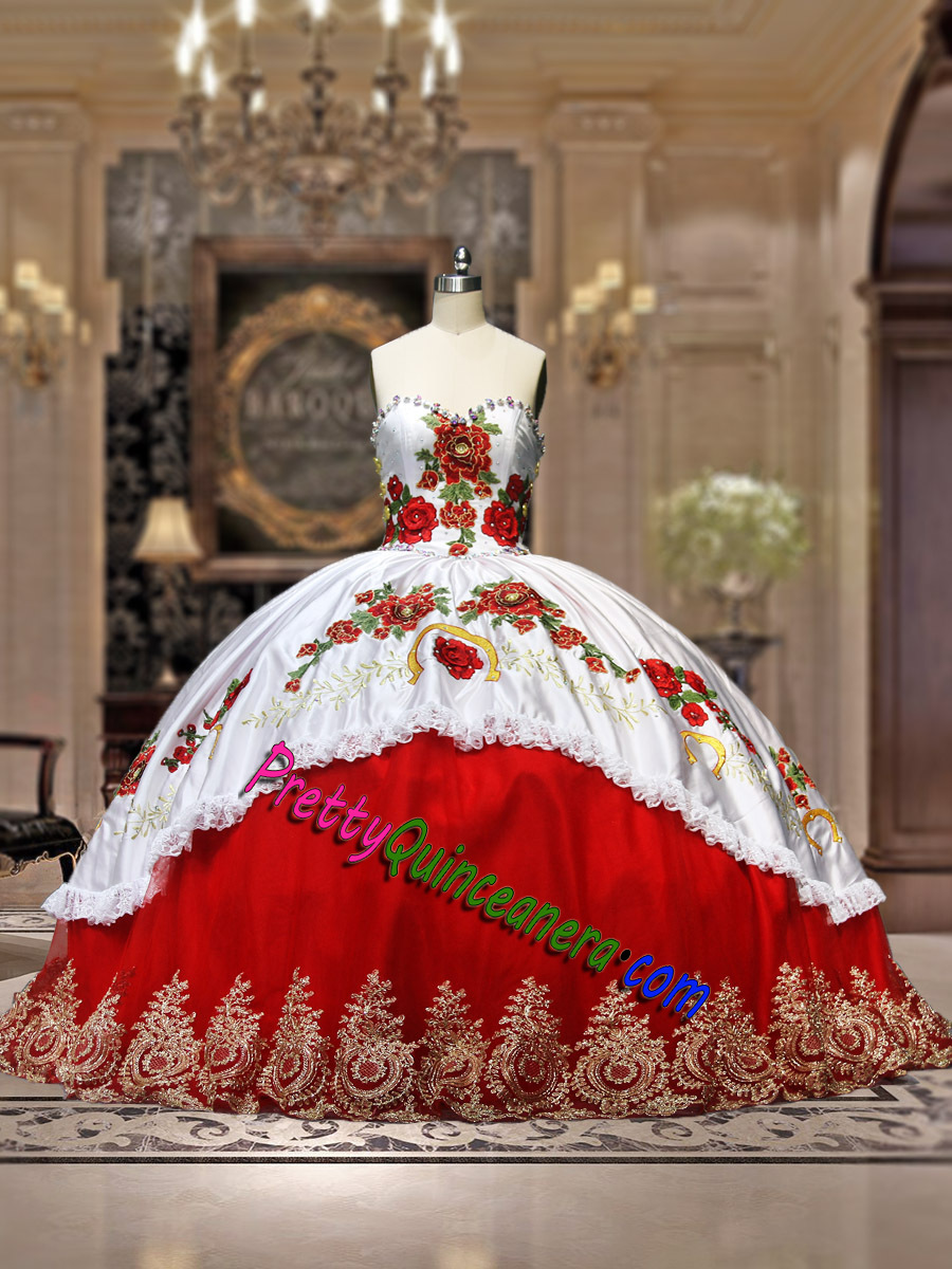 Sweetheart White Red Horsehair Hem Gold Charro Insignia Quinceanera Dress Rose FLowers