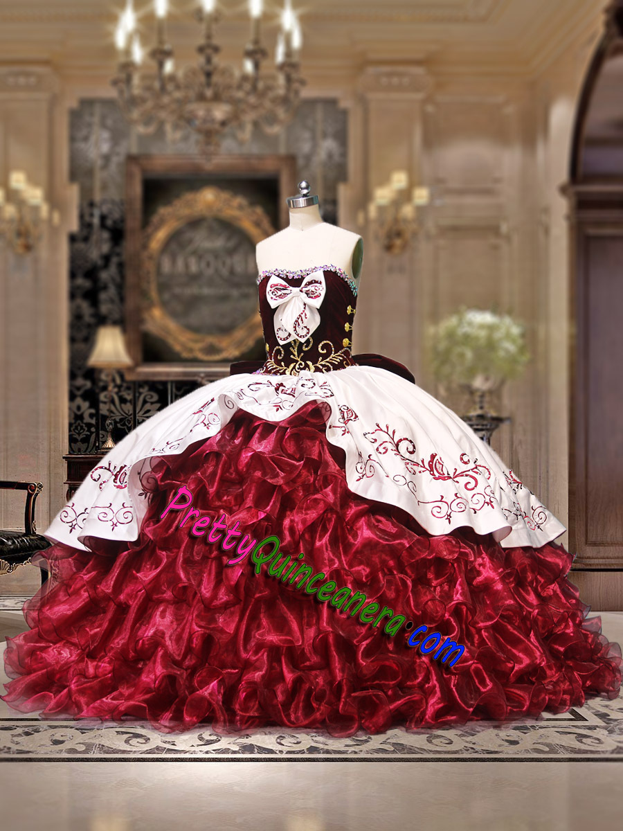 Western Themed Bow Back Charro Quinceanera Dress White and Burgundy Embroidery Ruffled Ball Gown