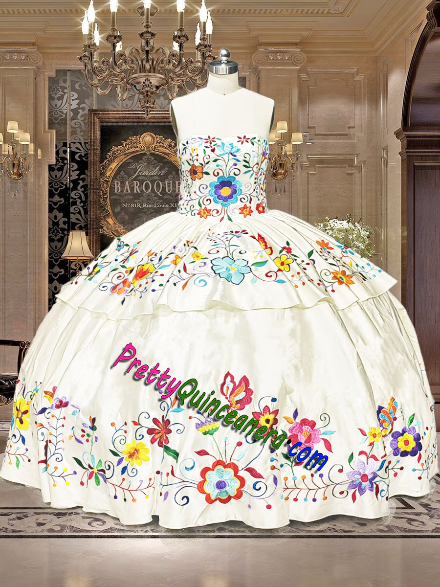 Beautiful Charro Multi Color Embroidery Flower and Butterfly Quinceanera Gown Custom Made