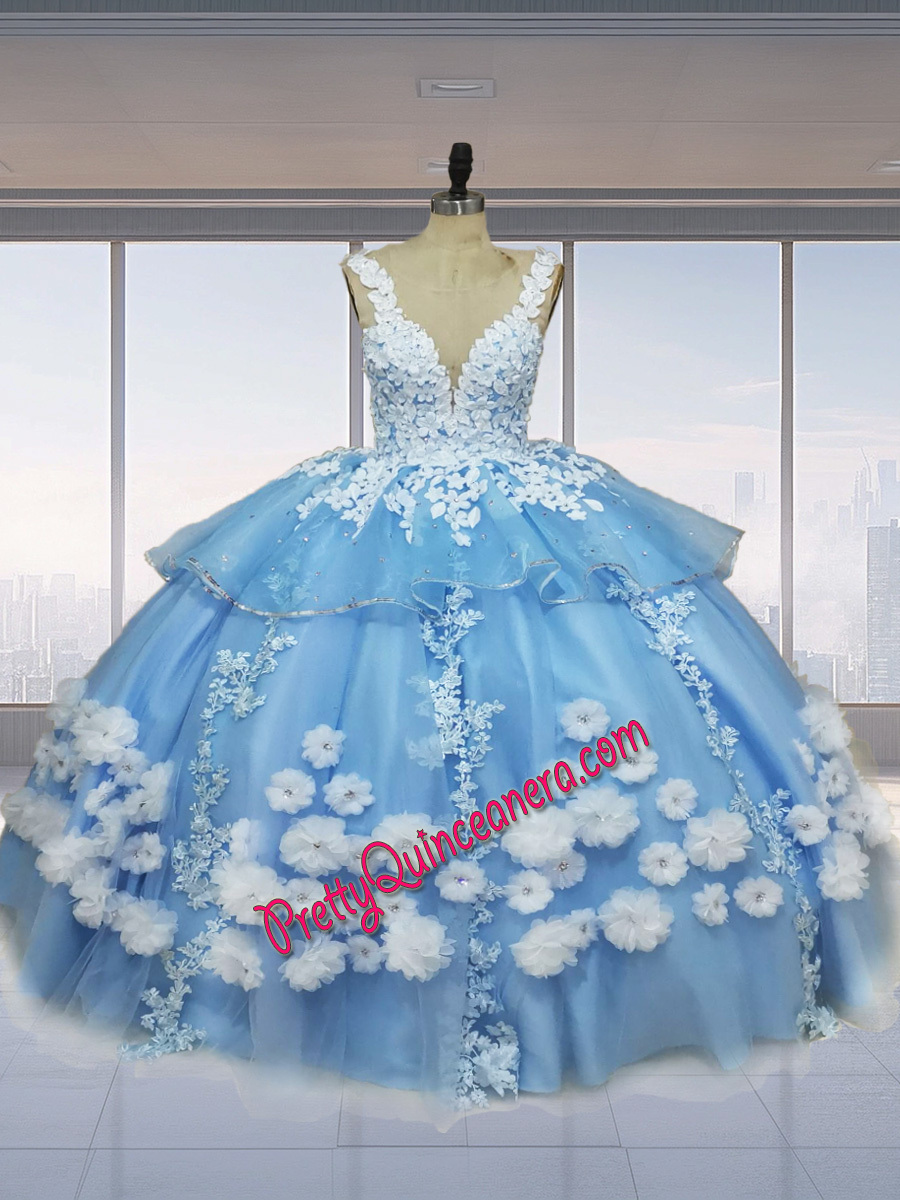 Custom Tailored Light Blue V-neckline White 3D Flowers Chapel Train Quinceanera Gown